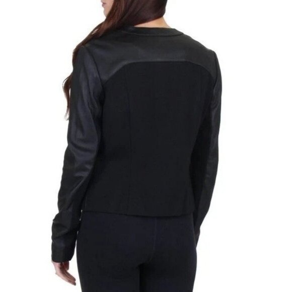 New Via Spiga Black Leather Stretch Fabric Combo Zip Moto Jacket - Picture 6 of 13